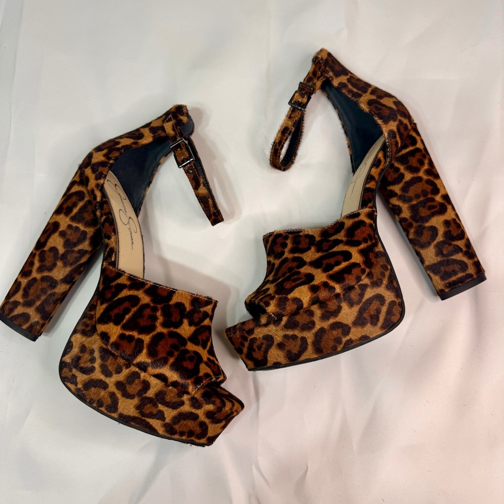 Jessica Simpson Leopard Print Platform Heels Open Toe - Real Cow Hair Fur - Picture 3 of 6
